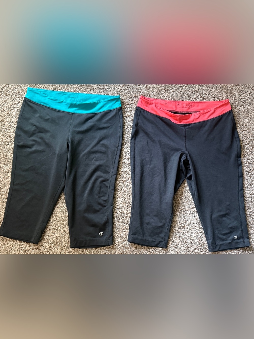 Champion Power Flex Black Capri Leggings with Teal or Coral Waistband